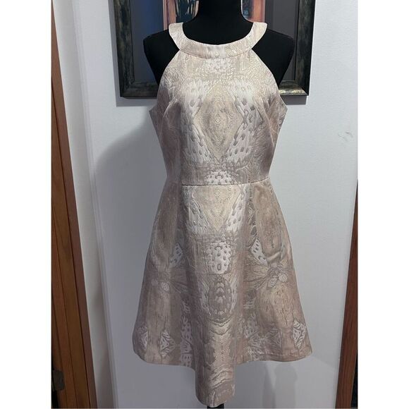 Adrianna Papell Dress Halter Neck Jacquard Metallic Fit & Flare Size 8 - Picture 1 of 13